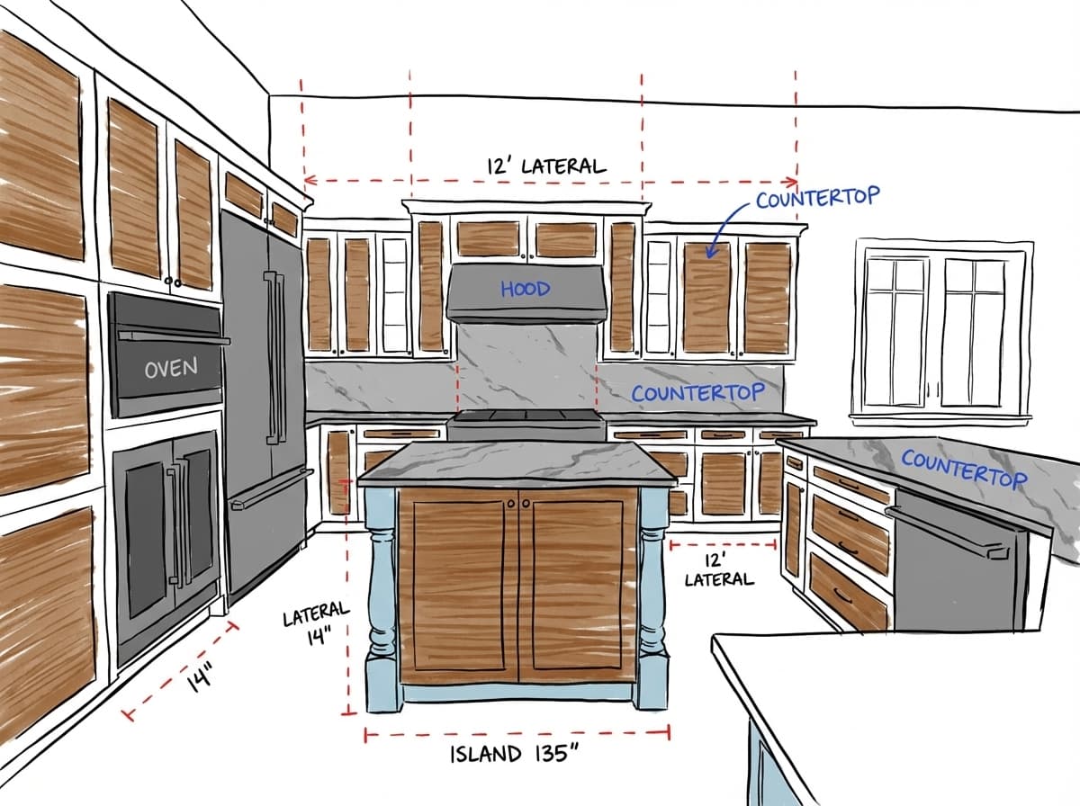 Design sketch alongside finished kitchen photograph — design sketch
