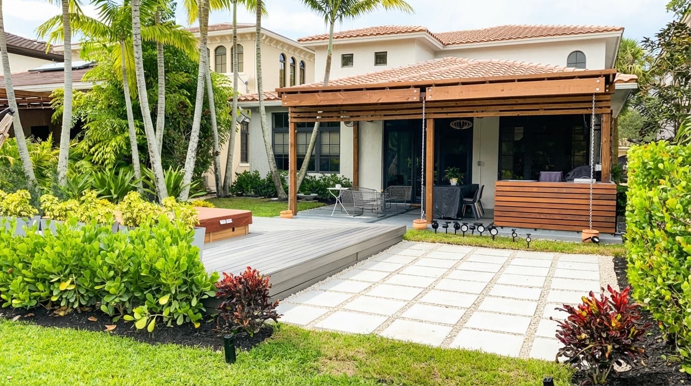 Parkland Mediterranean home with covered outdoor living area and paver patio