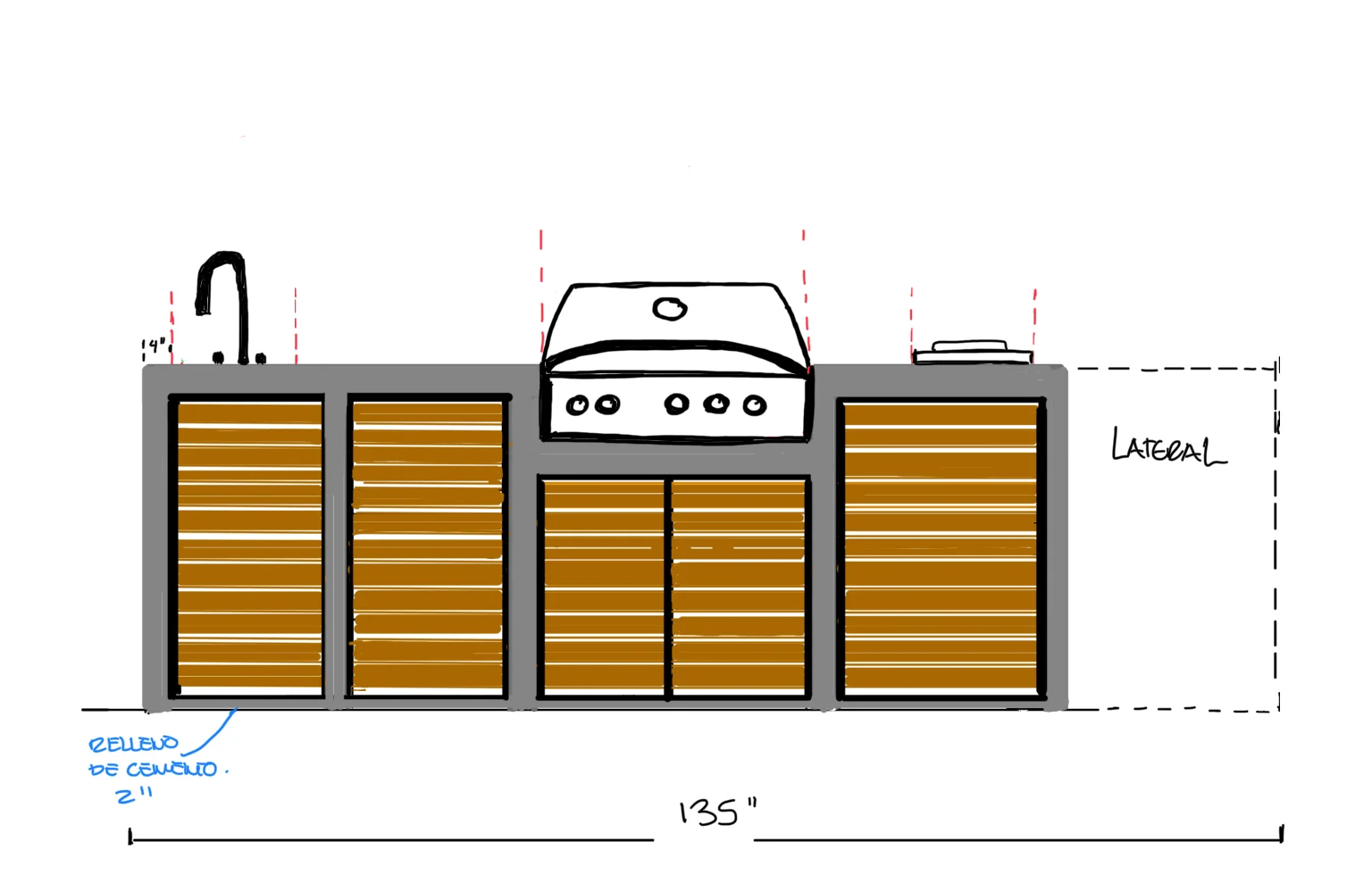 Sebastián's hand-drawn design sketch alongside the finished outdoor kitchen — design sketch