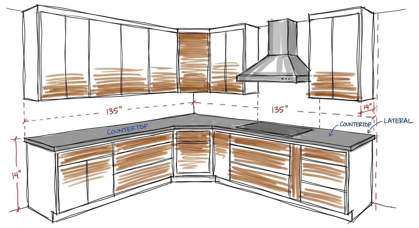 Herringbone backsplash sketch alongside built photo — design sketch