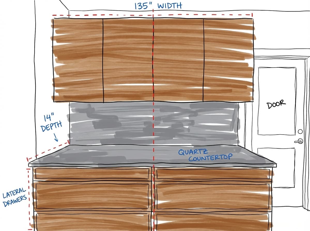 Design sketch of wood shelves alongside finished built photo — design sketch